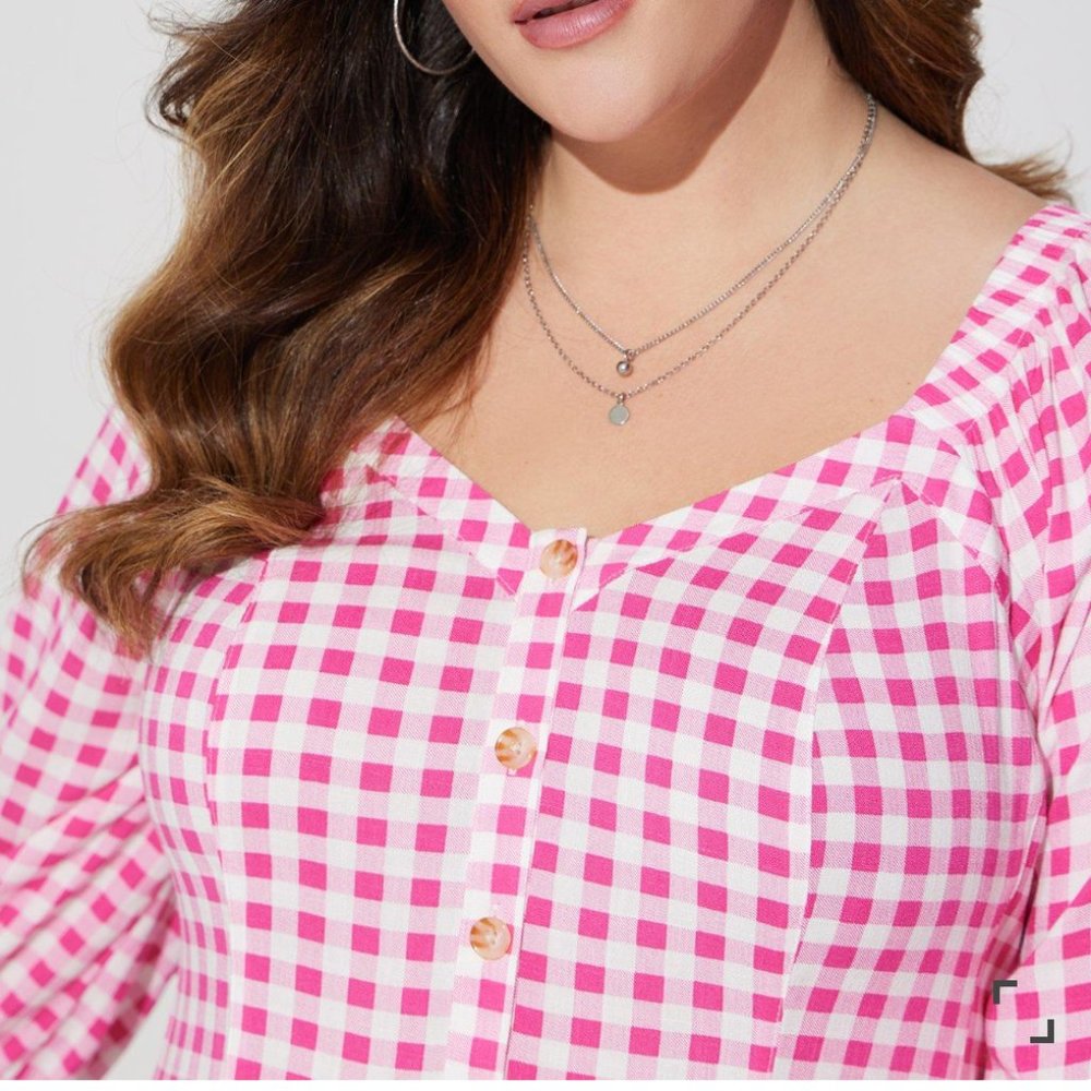Torrid Fit & Flare Rayon Slub Button Up 3/4 Sleeve Pink Gingham Top - Picture 4 of 14